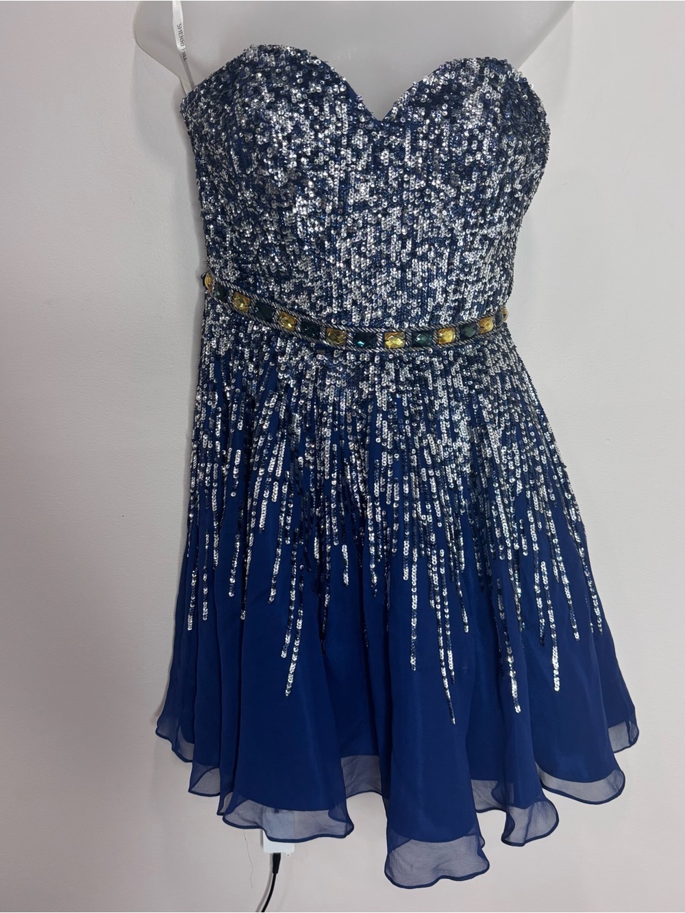 Sherri Hill 8413 navy blue Mini prom strapless Dress beaded sequins 100% silk 6